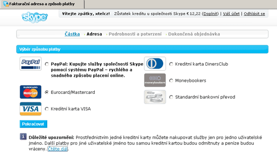 Nákup Skype kreditu